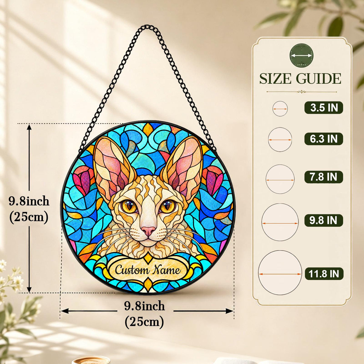 Personalized Cornish Rex Cat Suncatcher, Custom Name, Floral Stained Glass Window Hanging
