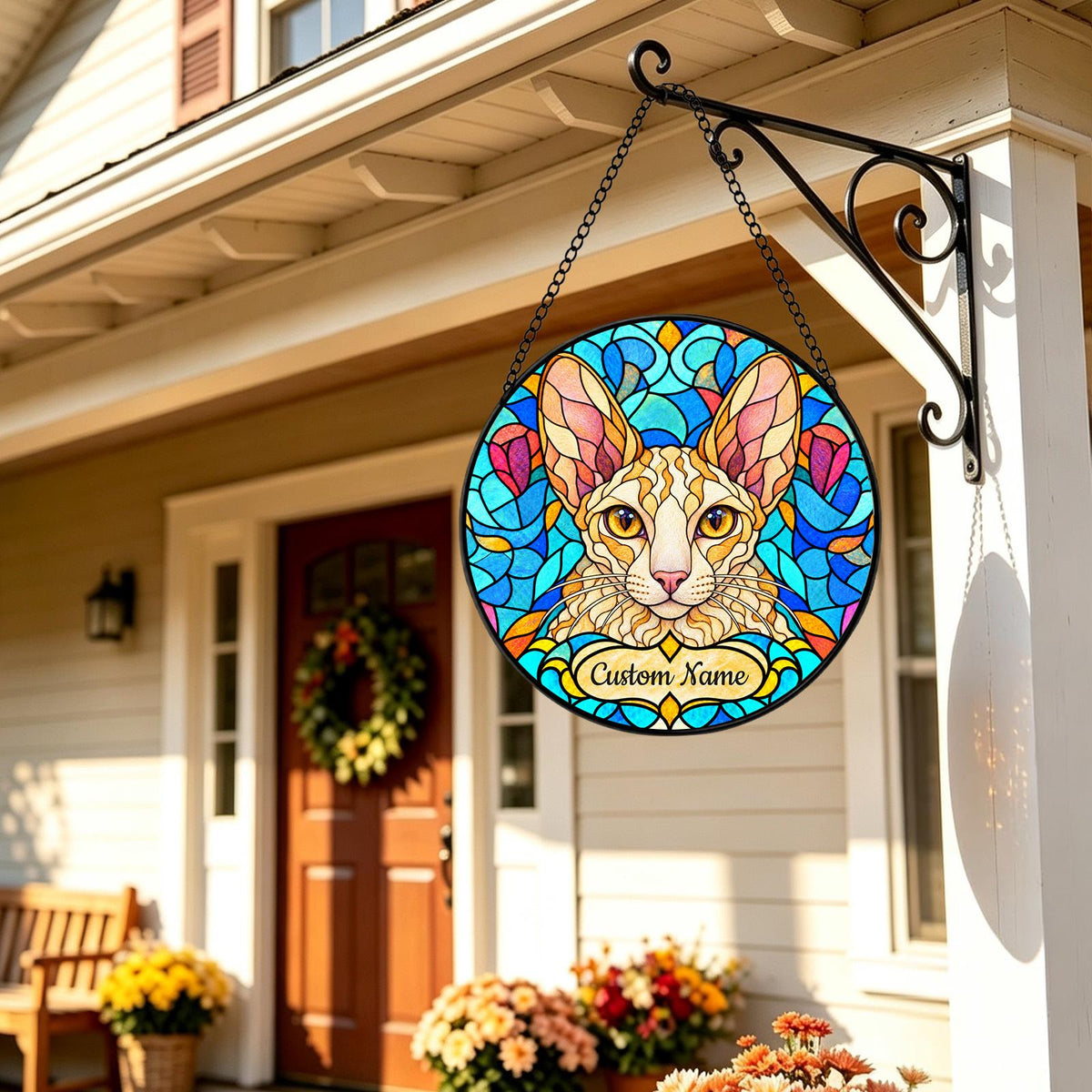 Personalized Cornish Rex Cat Suncatcher, Custom Name, Floral Stained Glass Window Hanging