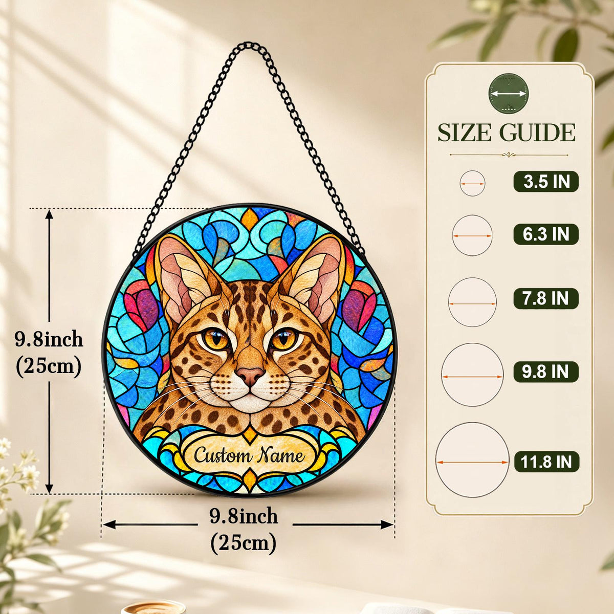 Personalized Ocicat Suncatcher, Custom Name, Floral Stained Glass Window Hanging