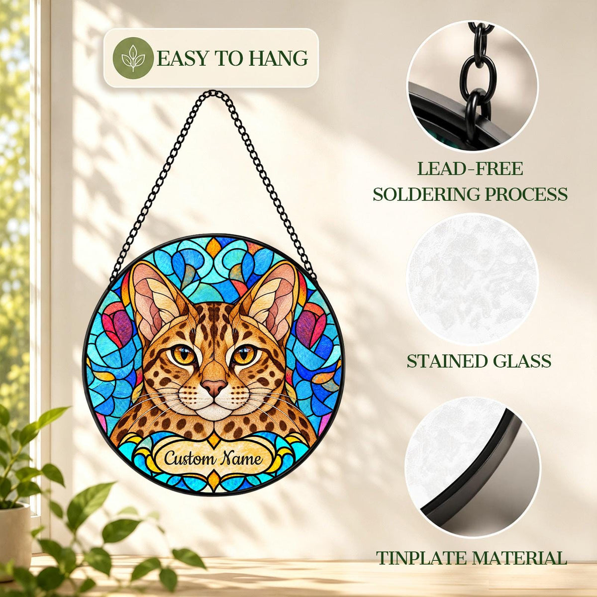 Personalized Ocicat Suncatcher, Custom Name, Floral Stained Glass Window Hanging