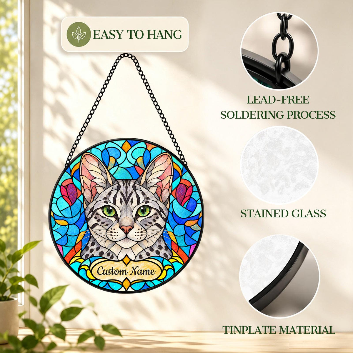 Personalized Egyptian Mau Cat Suncatcher, Custom Name, Floral Stained Glass Window Hanging