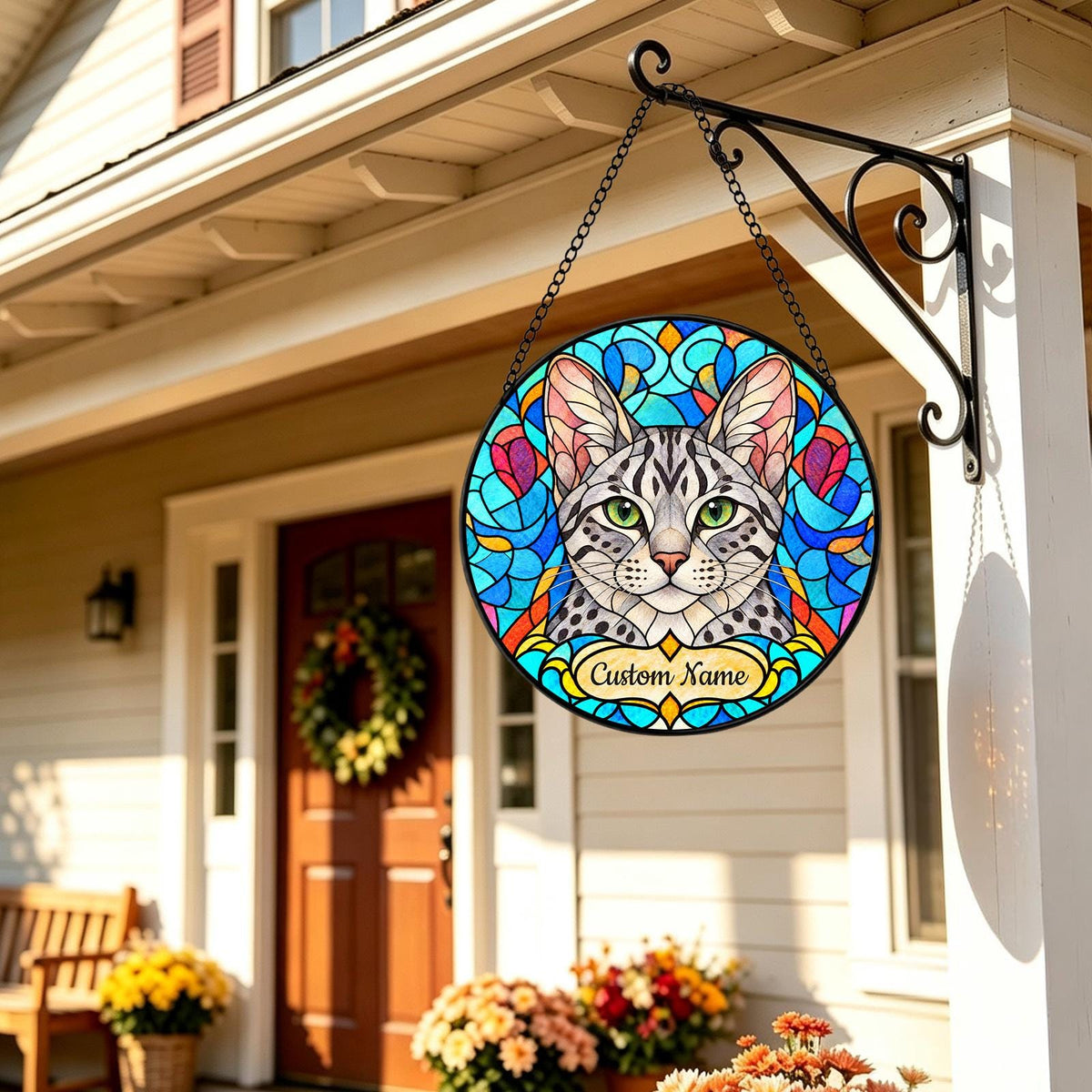 Personalized Egyptian Mau Cat Suncatcher, Custom Name, Floral Stained Glass Window Hanging