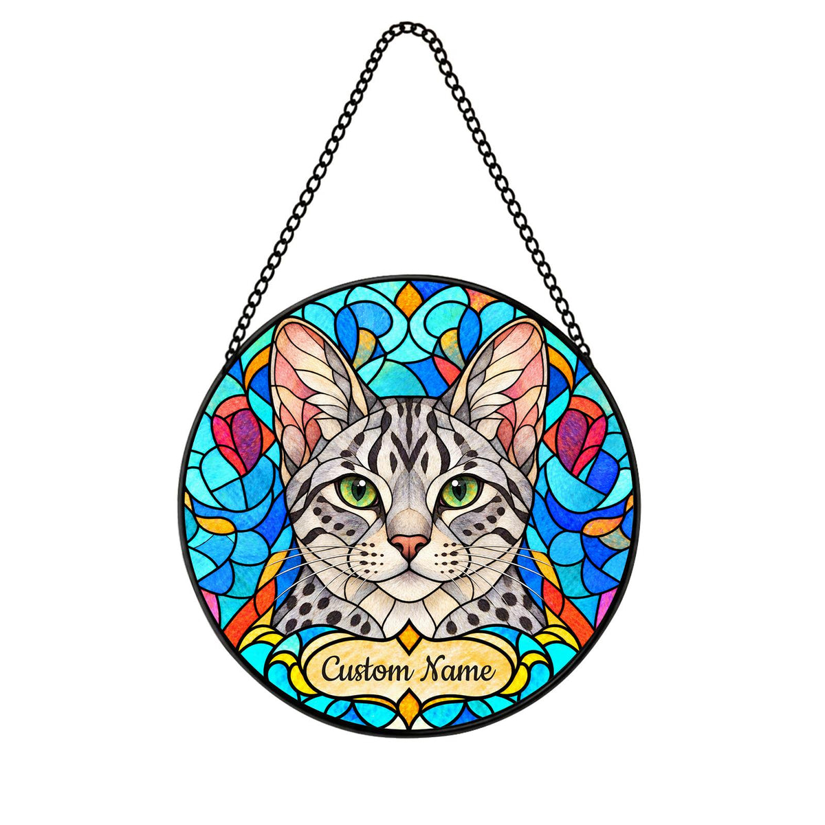 Personalized Egyptian Mau Cat Suncatcher, Custom Name, Floral Stained Glass Window Hanging