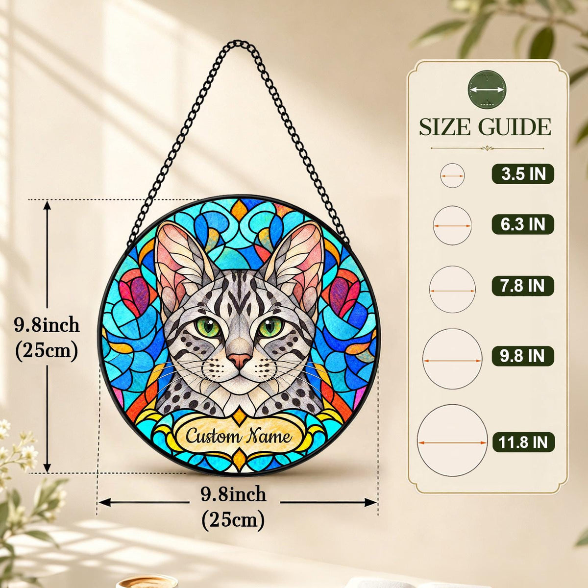 Personalized Egyptian Mau Cat Suncatcher, Custom Name, Floral Stained Glass Window Hanging