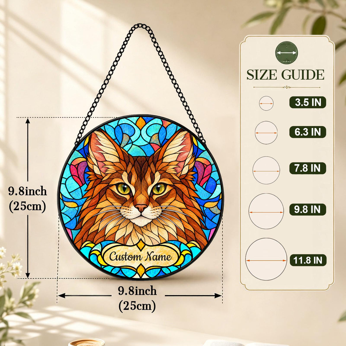 Personalized Somali Cat Suncatcher, Custom Name, Floral Stained Glass Window Hanging