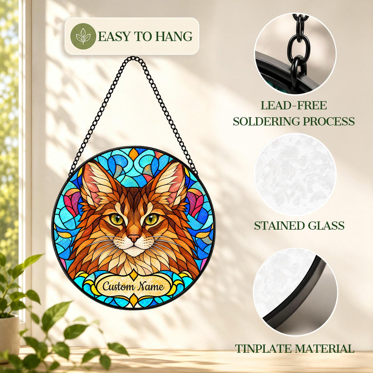 Personalized Somali Cat Suncatcher, Custom Name, Floral Stained Glass Window Hanging