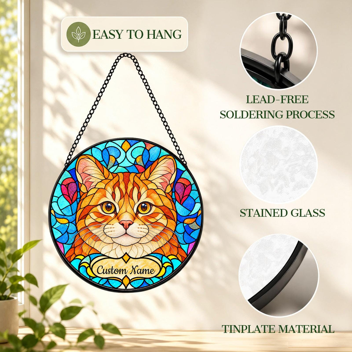 Personalized Manx Suncatcher, Custom Name, Floral Stained Glass Window Hanging