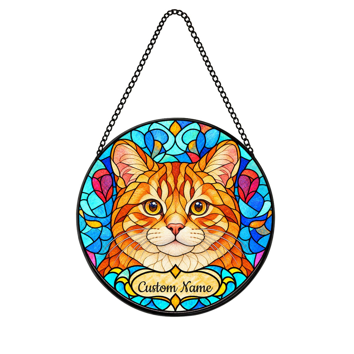Personalized Manx Suncatcher, Custom Name, Floral Stained Glass Window Hanging