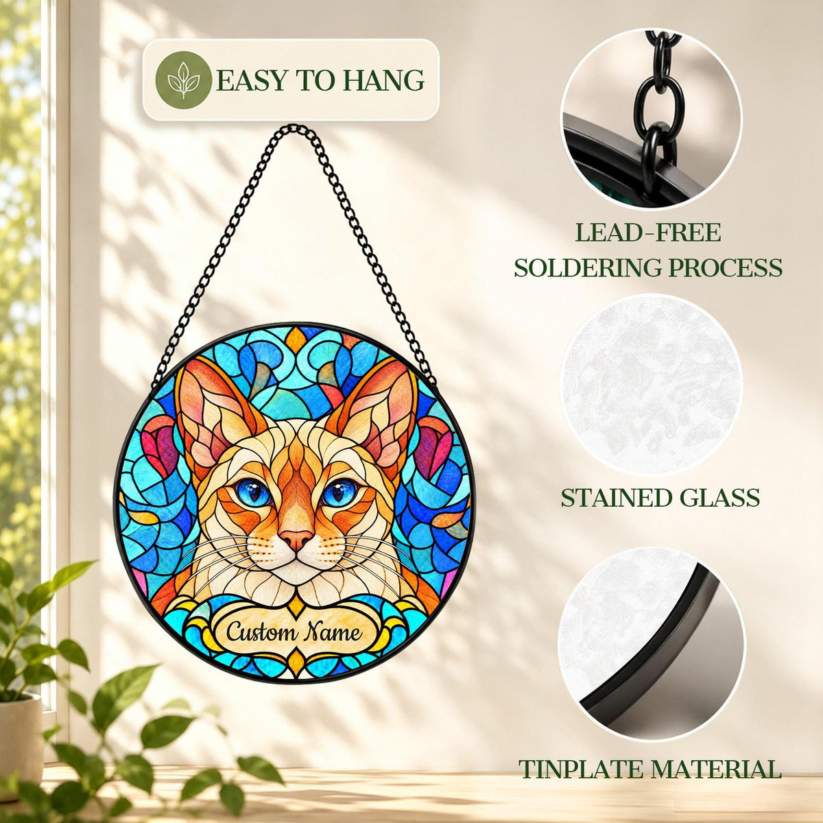 Personalized Colorpoint Shorthair Cat Suncatcher, Custom Name, Floral Stained Glass Window Hanging