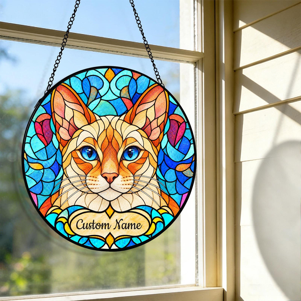 Personalized Colorpoint Shorthair Cat Suncatcher, Custom Name, Floral Stained Glass Window Hanging
