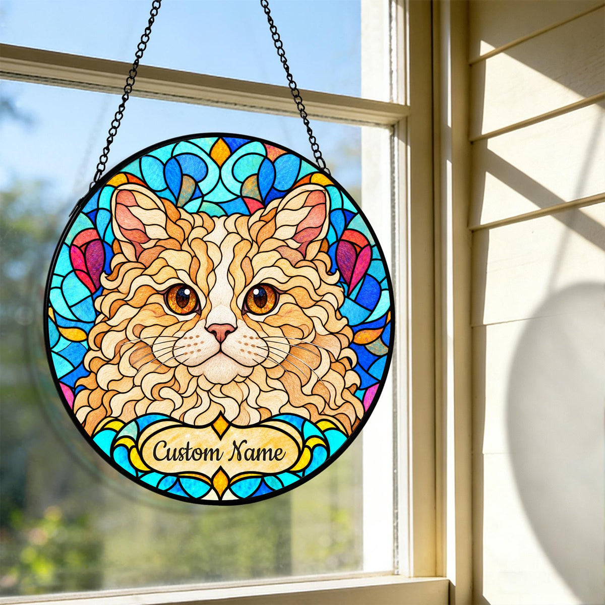 Personalized Selkirk Rex Suncatcher, Custom Name, Floral Stained Glass Window Hanging