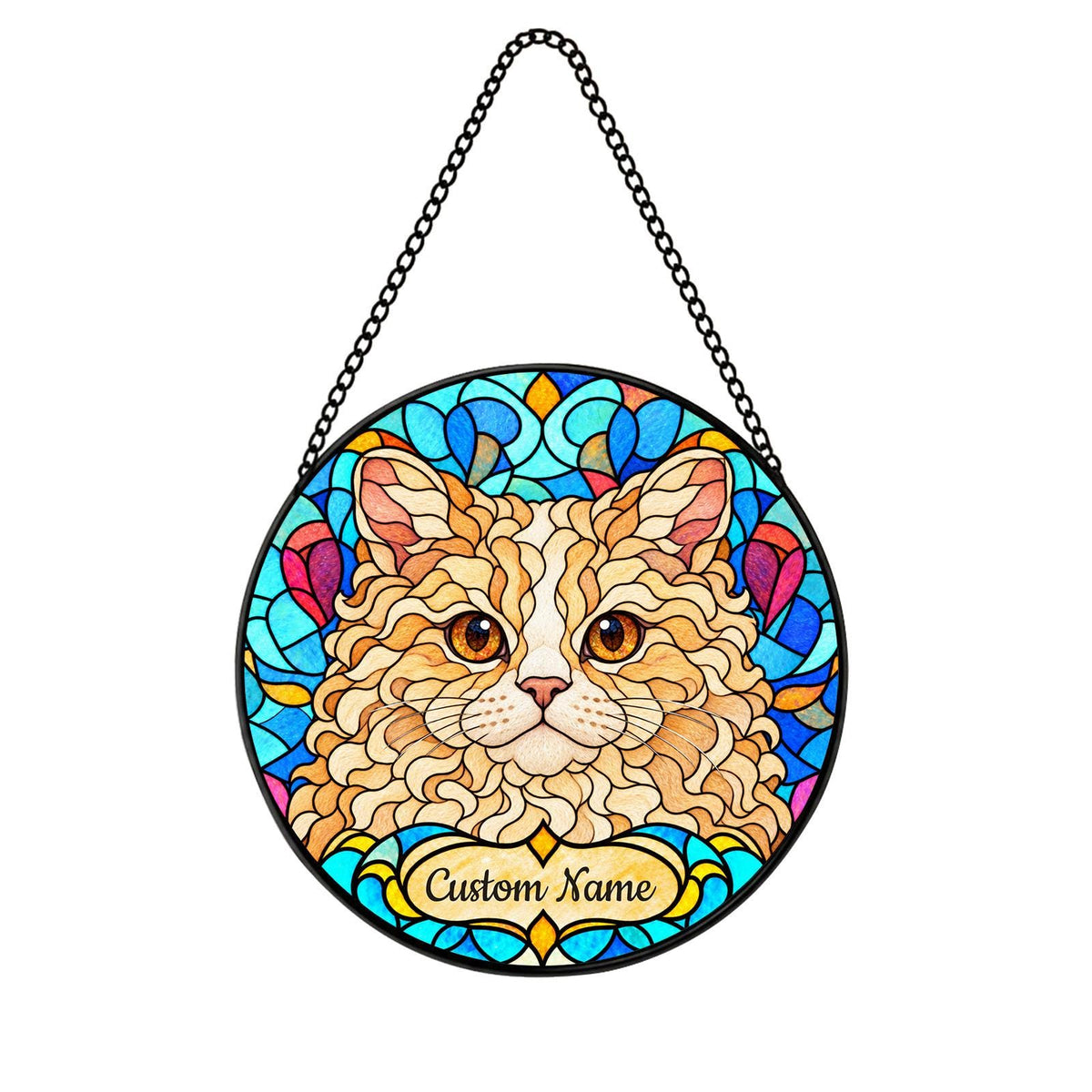 Personalized Selkirk Rex Suncatcher, Custom Name, Floral Stained Glass Window Hanging