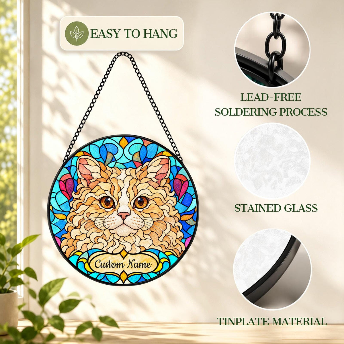 Personalized Selkirk Rex Suncatcher, Custom Name, Floral Stained Glass Window Hanging