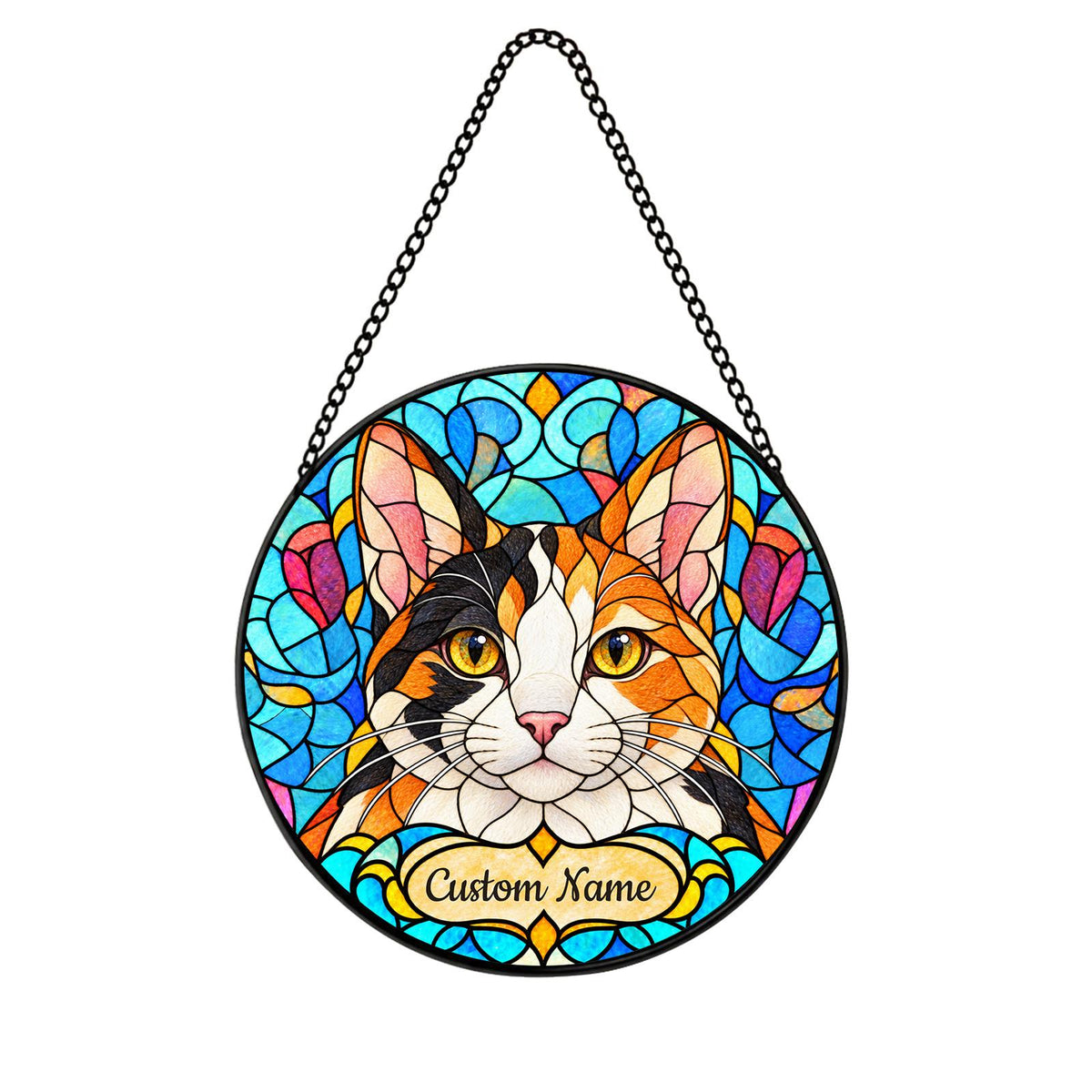 Personalized Japanese Bobtail Cat Suncatcher, Custom Name, Floral Stained Glass Window Hanging