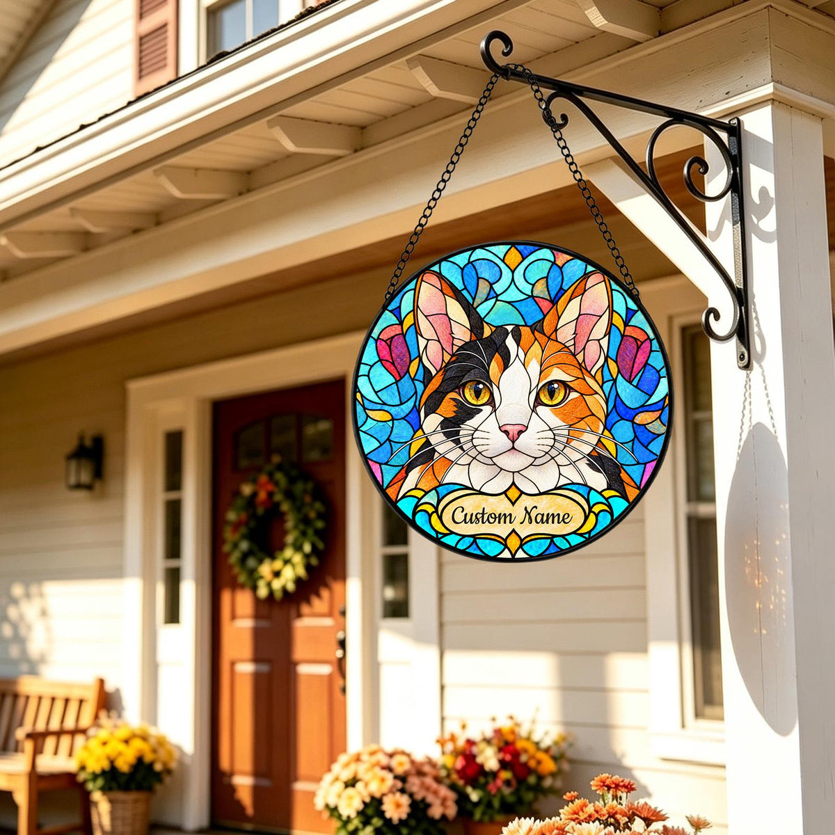 Personalized Japanese Bobtail Cat Suncatcher, Custom Name, Floral Stained Glass Window Hanging