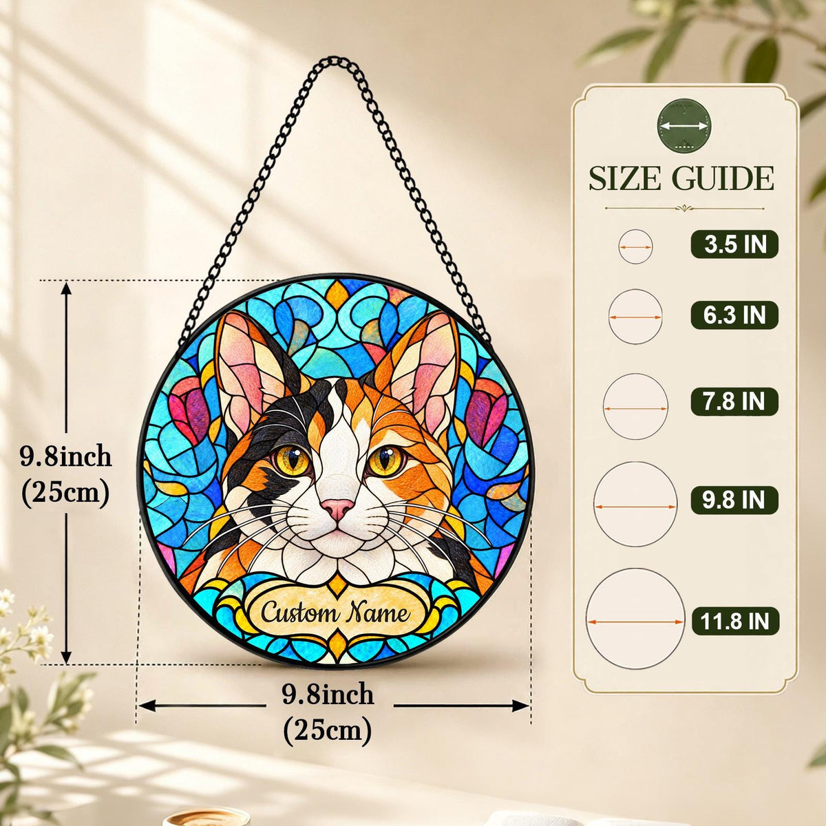 Personalized Japanese Bobtail Cat Suncatcher, Custom Name, Floral Stained Glass Window Hanging