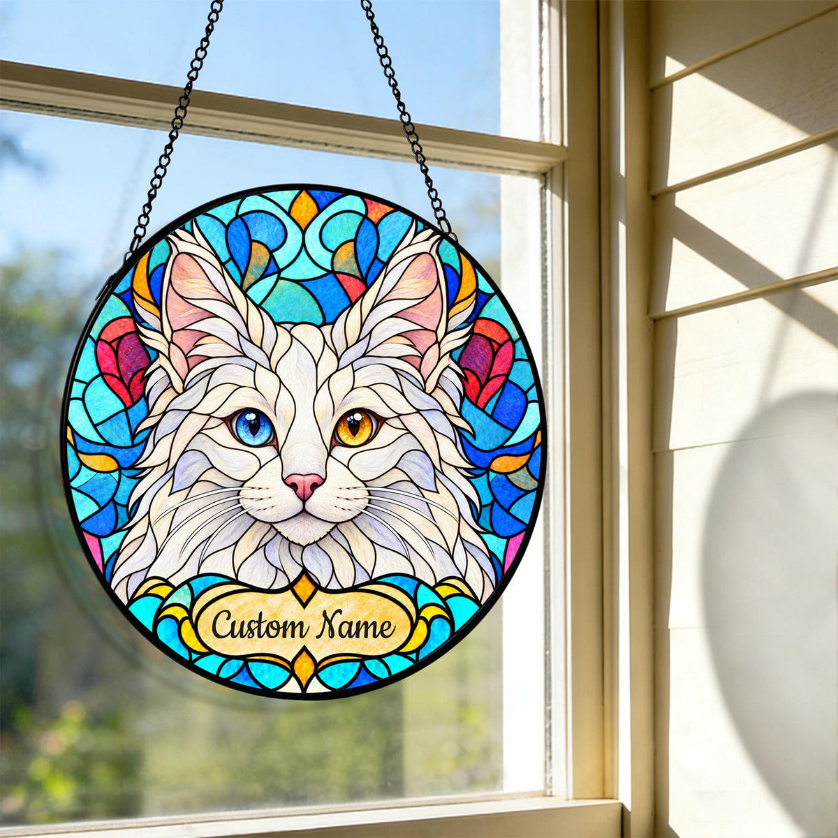 Personalized Turkish Angora Cat Suncatcher, Custom Name, Floral Stained Glass Window Hanging