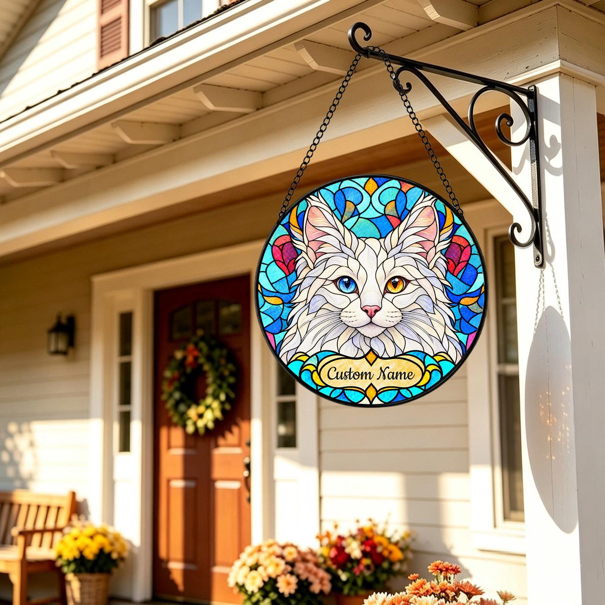 Personalized Turkish Angora Cat Suncatcher, Custom Name, Floral Stained Glass Window Hanging