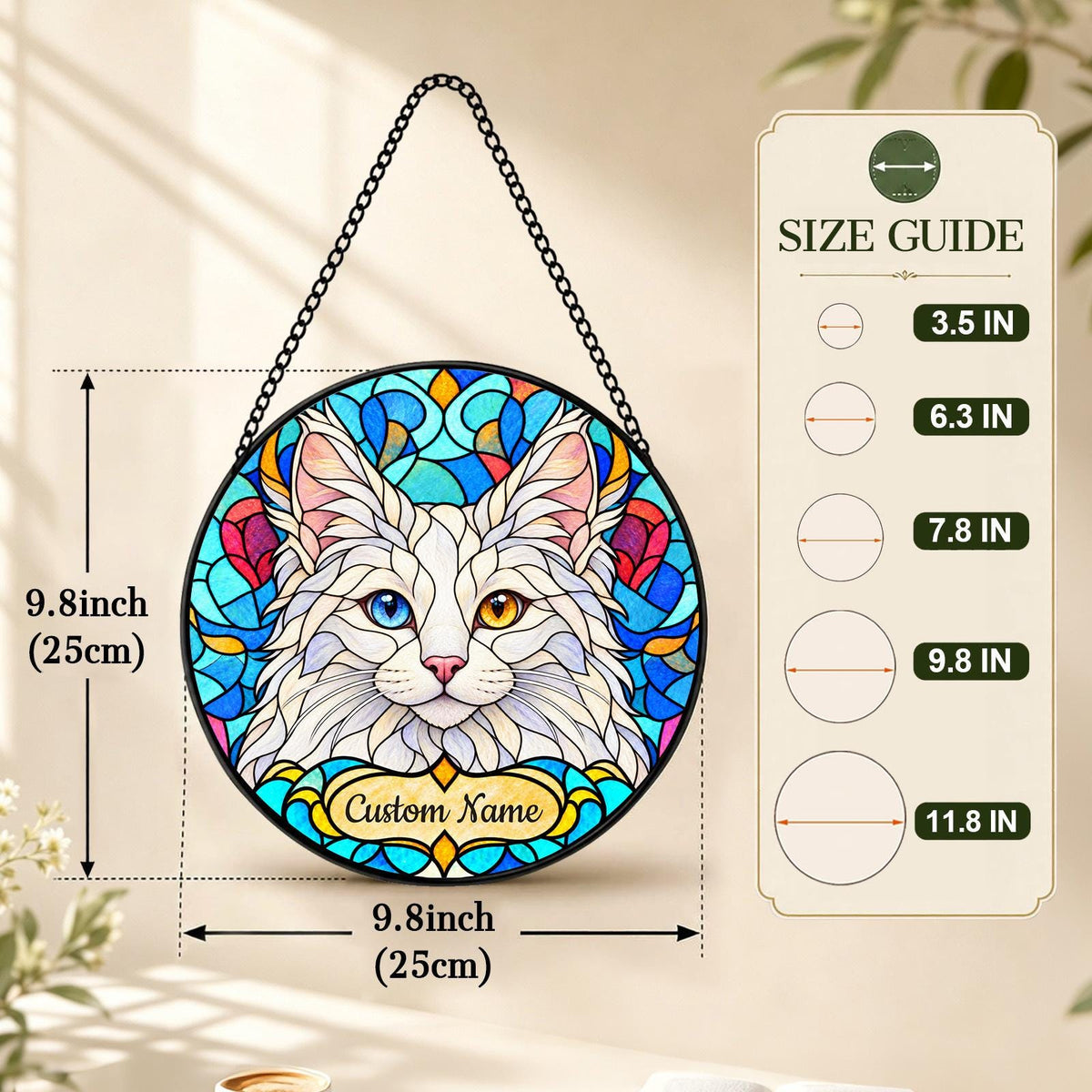 Personalized Turkish Angora Cat Suncatcher, Custom Name, Floral Stained Glass Window Hanging