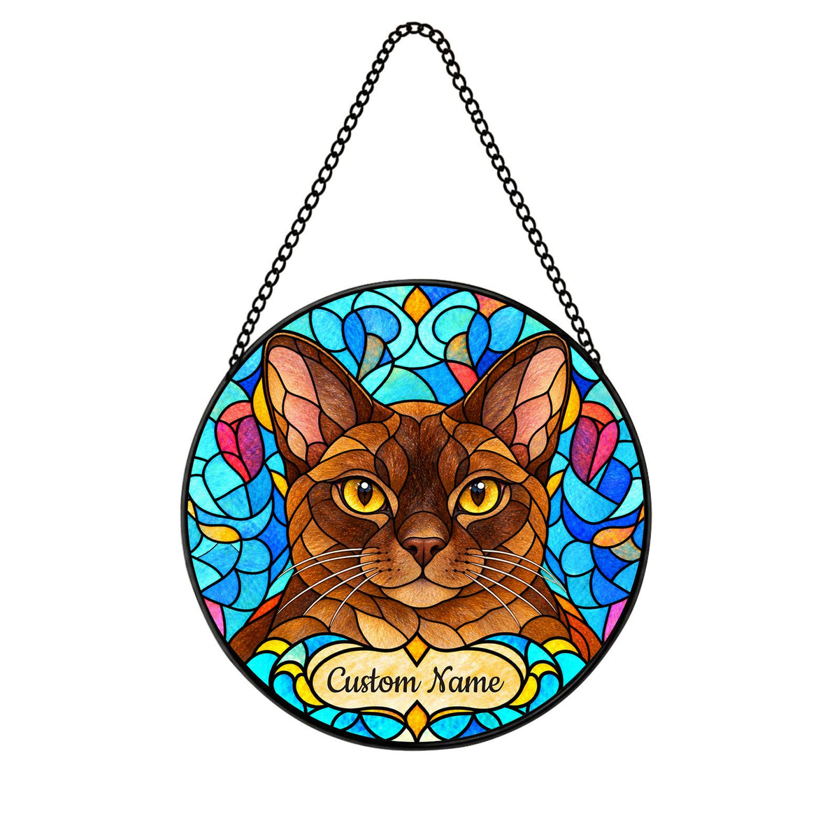 Personalized European Burmese Cat Suncatcher, Custom Name, Floral Stained Glass Window Hanging