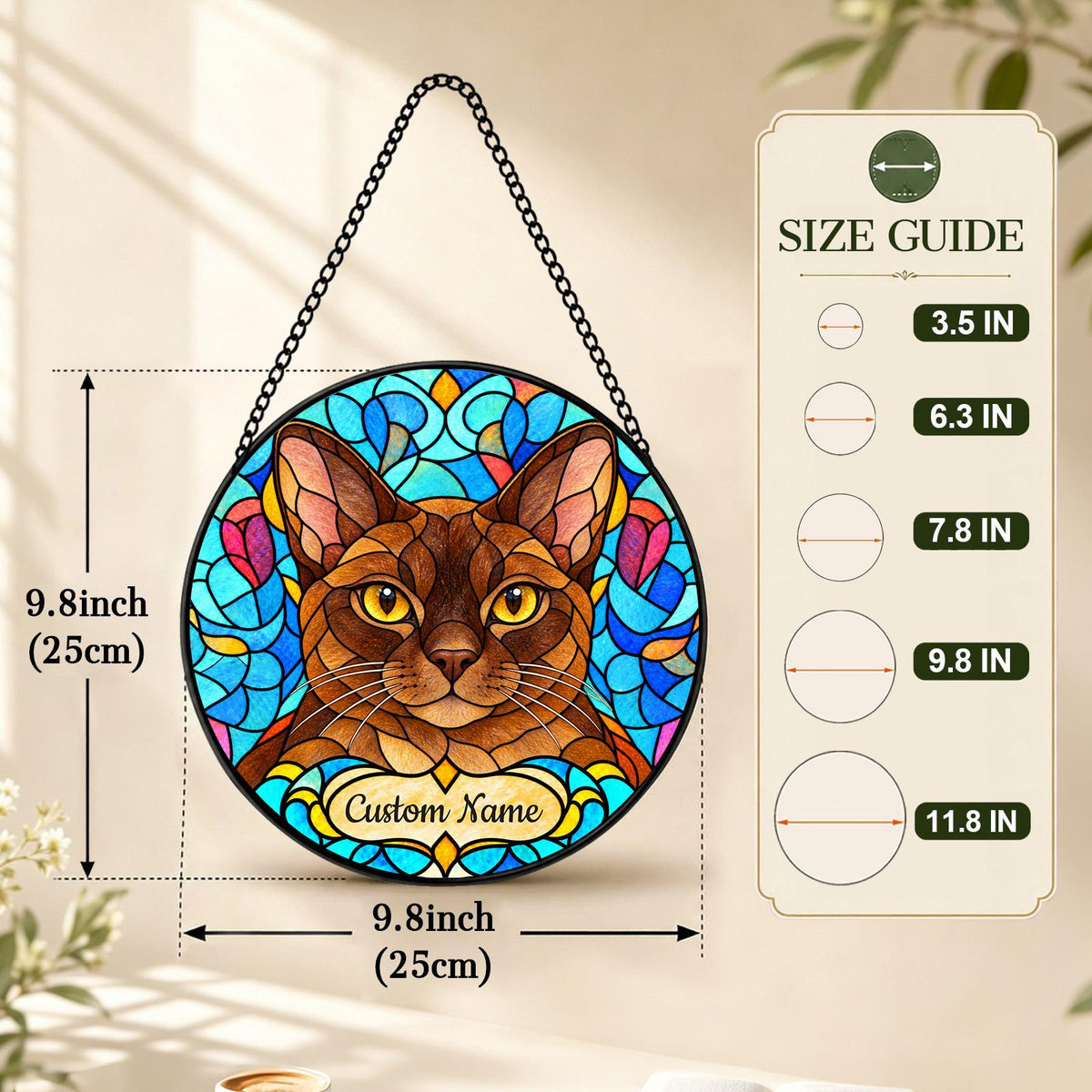 Personalized European Burmese Cat Suncatcher, Custom Name, Floral Stained Glass Window Hanging