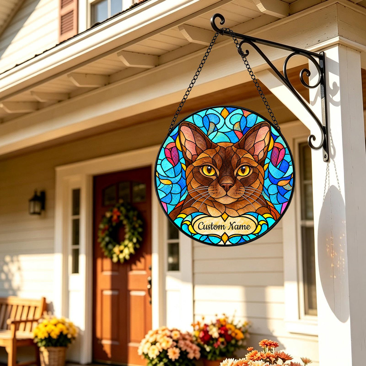 Personalized European Burmese Cat Suncatcher, Custom Name, Floral Stained Glass Window Hanging