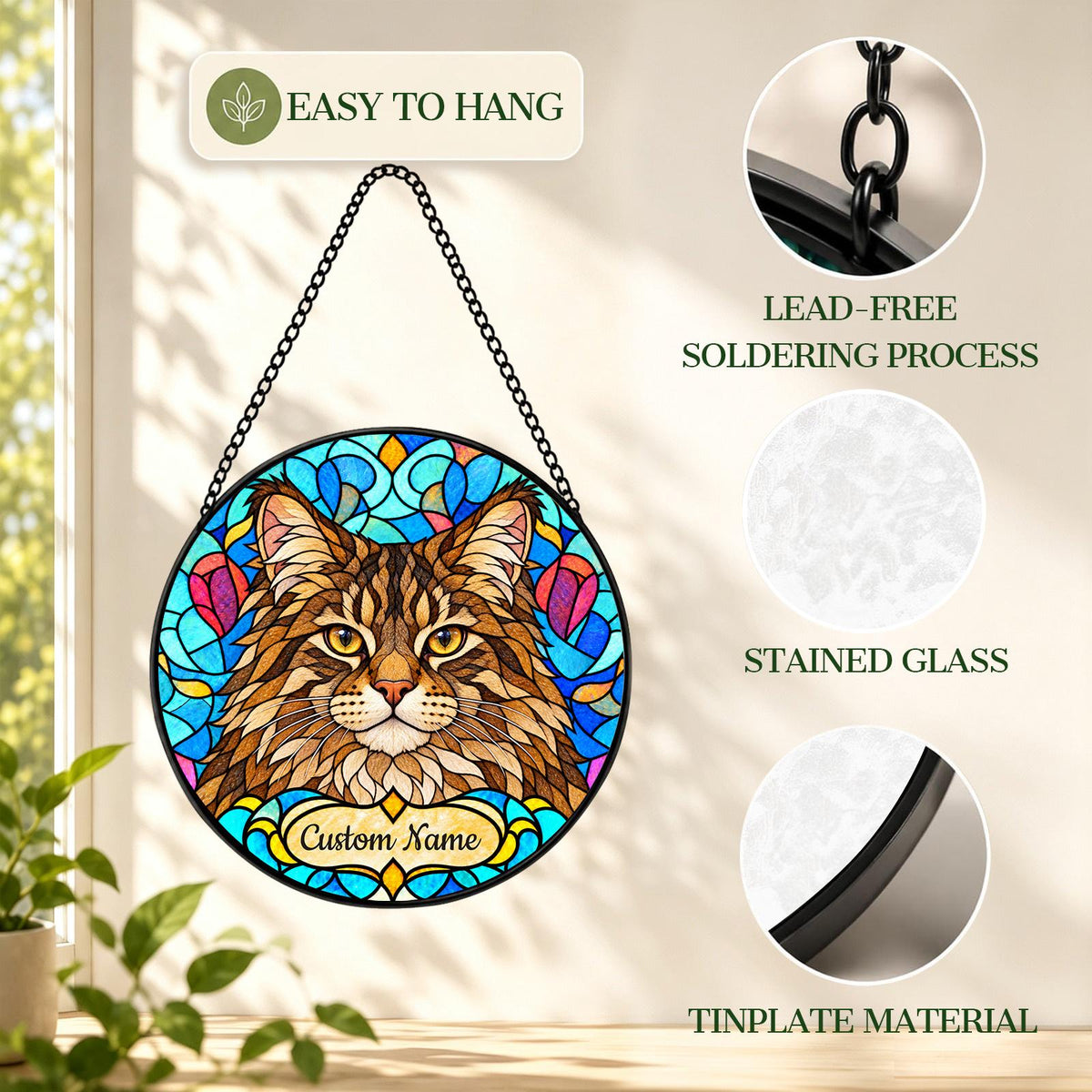 Personalized American Bobtail Cat Suncatcher, Custom Name, Floral Stained Glass Window Hanging