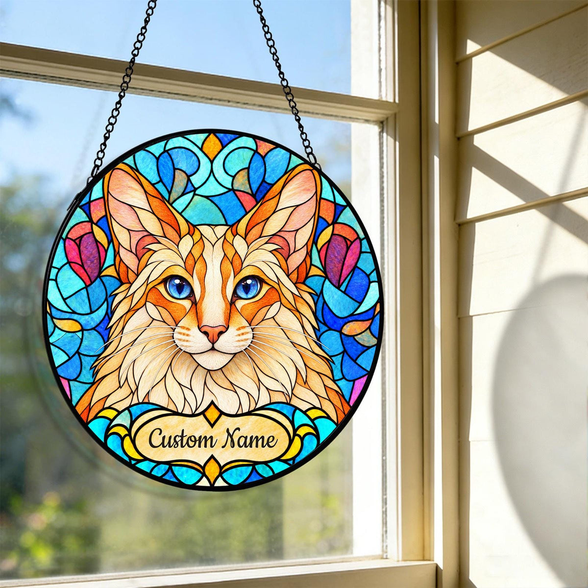 Personalized Javanese Cat Suncatcher, Custom Name, Floral Stained Glass Window Hanging