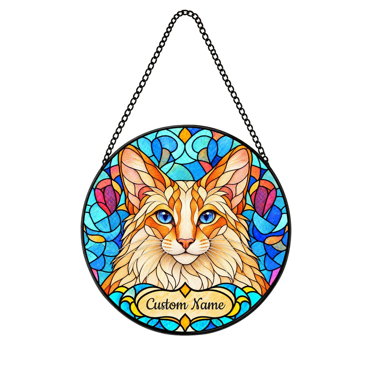 Personalized Javanese Cat Suncatcher, Custom Name, Floral Stained Glass Window Hanging