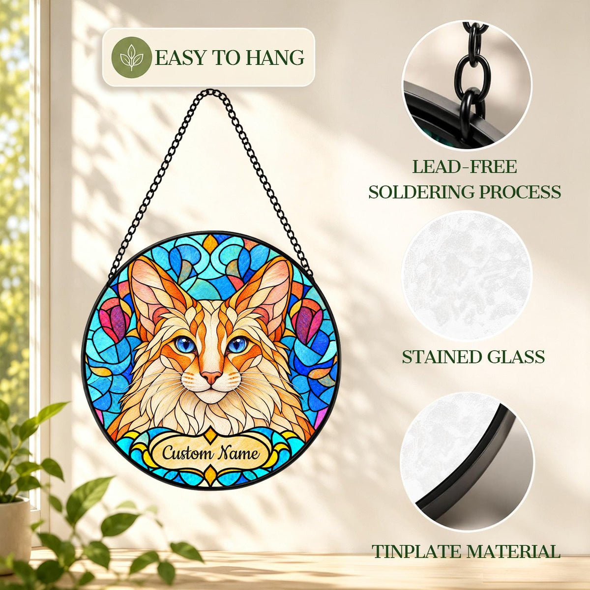 Personalized Javanese Cat Suncatcher, Custom Name, Floral Stained Glass Window Hanging