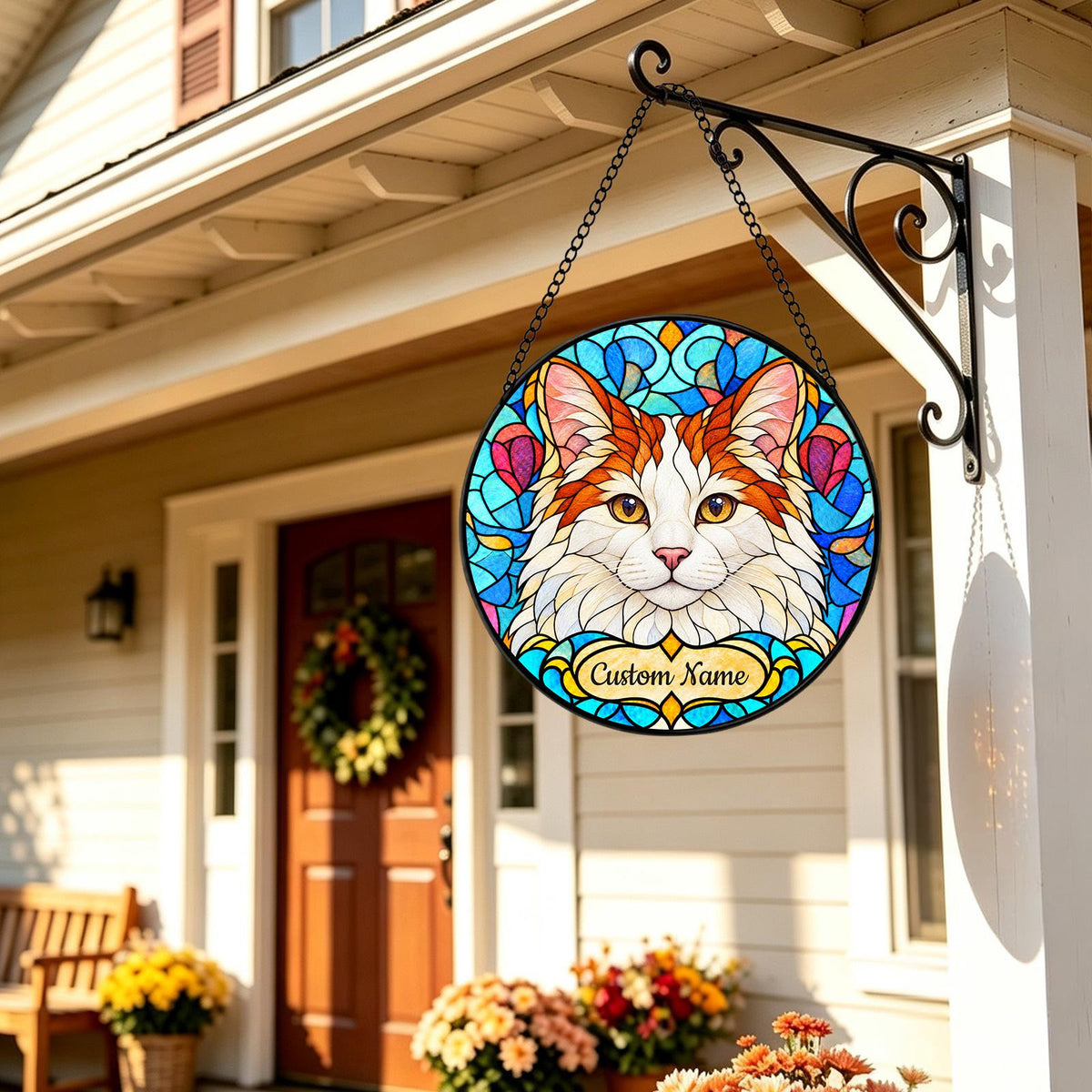 Personalized Turkish Van Cat Suncatcher, Custom Name, Floral Stained Glass Window Hanging