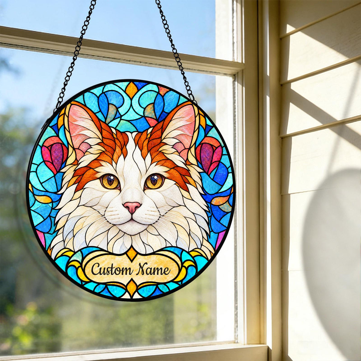 Personalized Turkish Van Cat Suncatcher, Custom Name, Floral Stained Glass Window Hanging