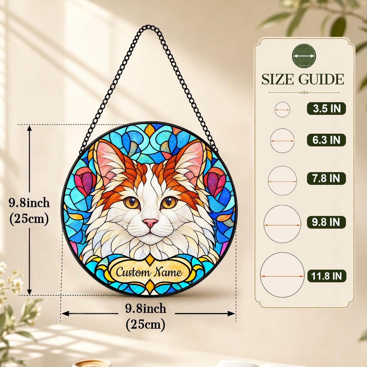 Personalized Turkish Van Cat Suncatcher, Custom Name, Floral Stained Glass Window Hanging