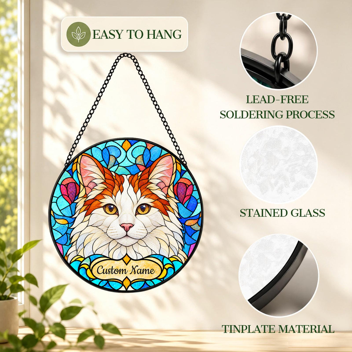 Personalized Turkish Van Cat Suncatcher, Custom Name, Floral Stained Glass Window Hanging