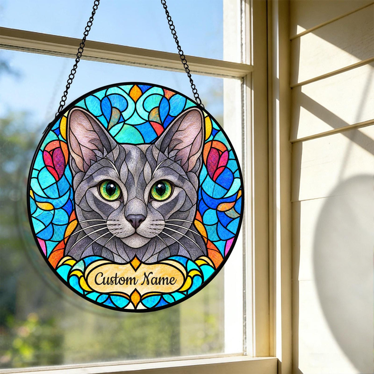 Personalized Korat Cat Suncatcher, Custom Name, Floral Stained Glass Window Hanging