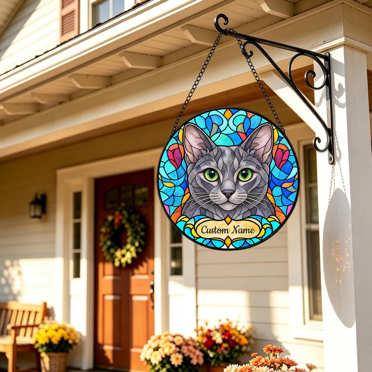Personalized Korat Cat Suncatcher, Custom Name, Floral Stained Glass Window Hanging
