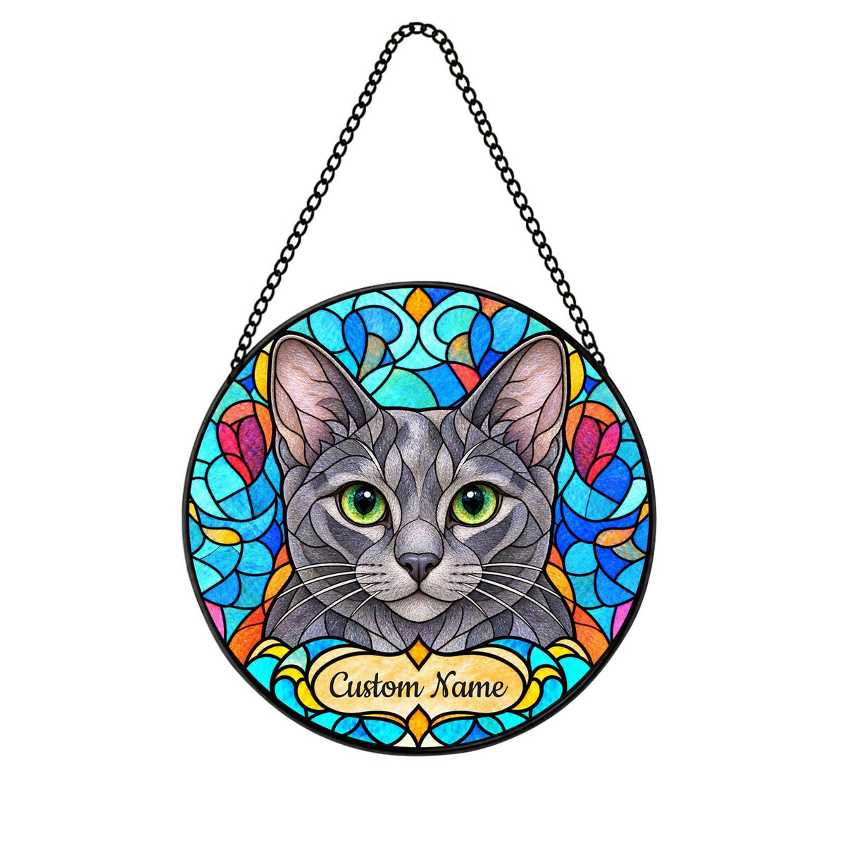 Personalized Korat Cat Suncatcher, Custom Name, Floral Stained Glass Window Hanging