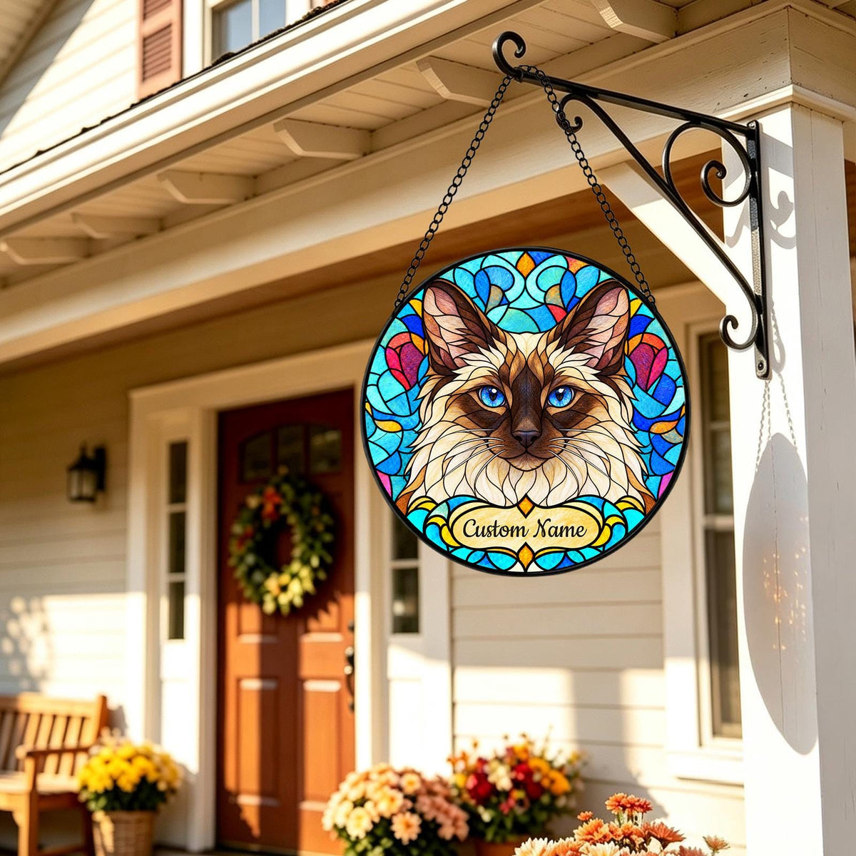 Personalized Balinese Cat Suncatcher, Custom Name, Floral Stained Glass Window Hanging