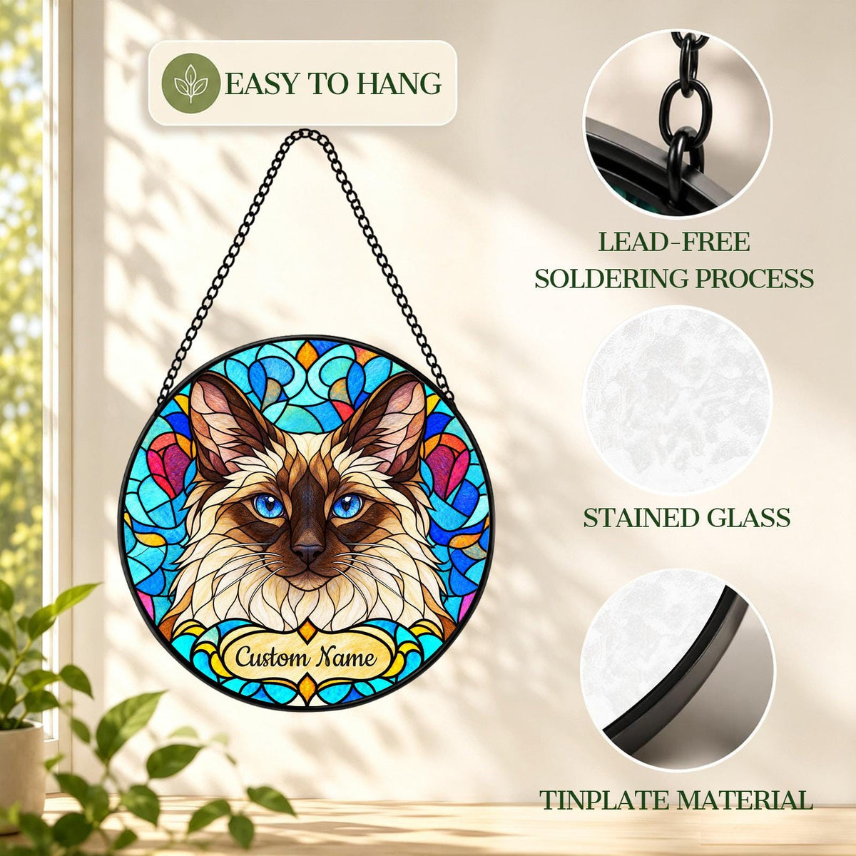 Personalized Balinese Cat Suncatcher, Custom Name, Floral Stained Glass Window Hanging