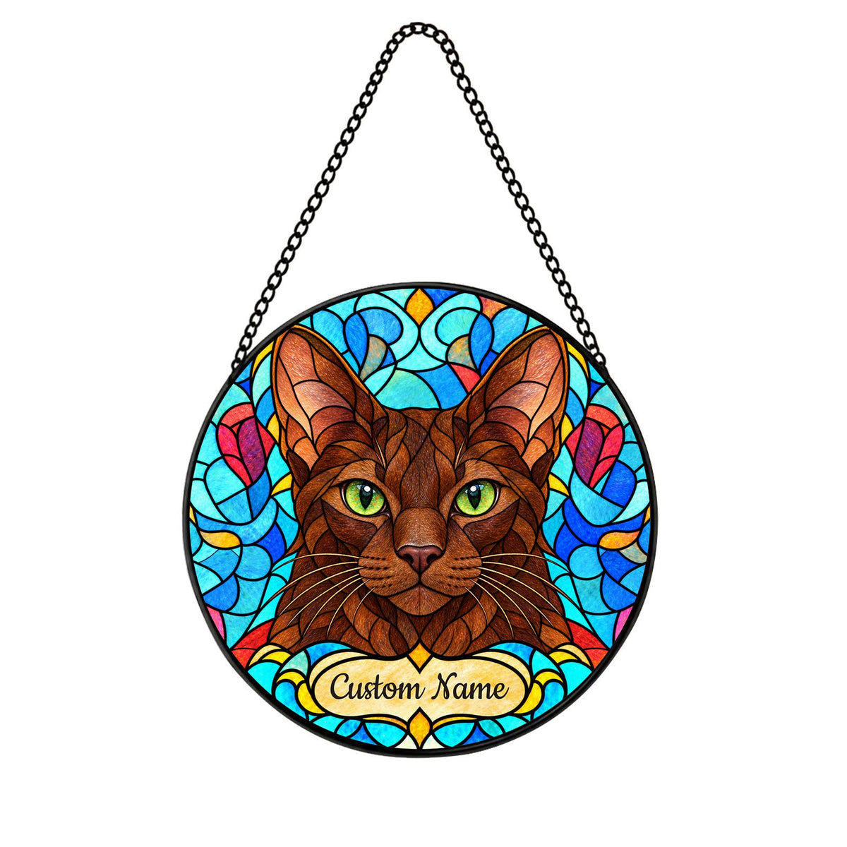 Personalized Havana Brown Cat Suncatcher, Custom Name, Floral Stained Glass Window Hanging