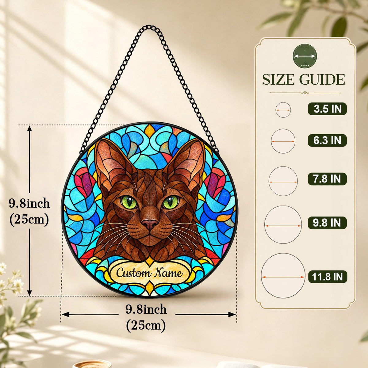 Personalized Havana Brown Cat Suncatcher, Custom Name, Floral Stained Glass Window Hanging