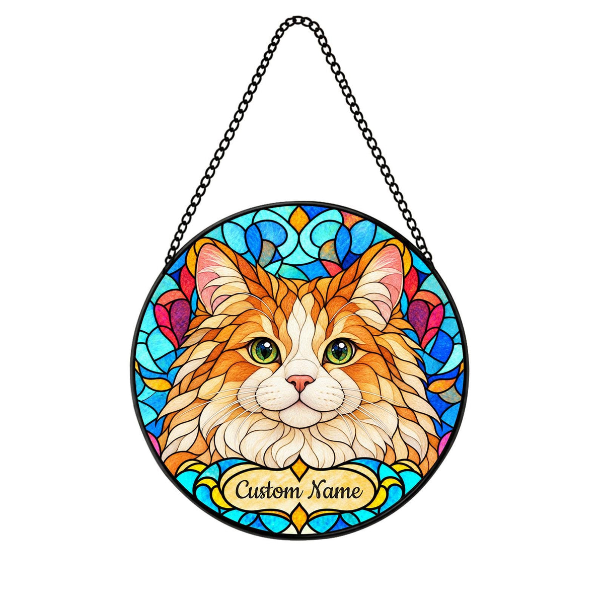 Personalized Ragamuffin Cat Suncatcher, Custom Name, Floral Stained Glass Window Hanging