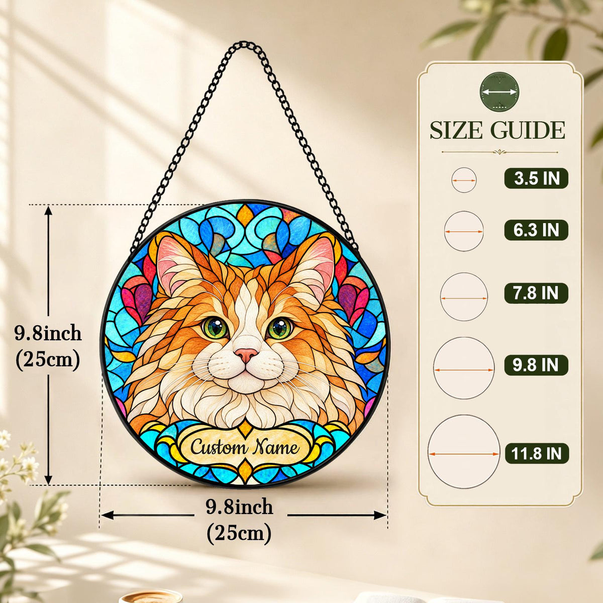 Personalized Ragamuffin Cat Suncatcher, Custom Name, Floral Stained Glass Window Hanging