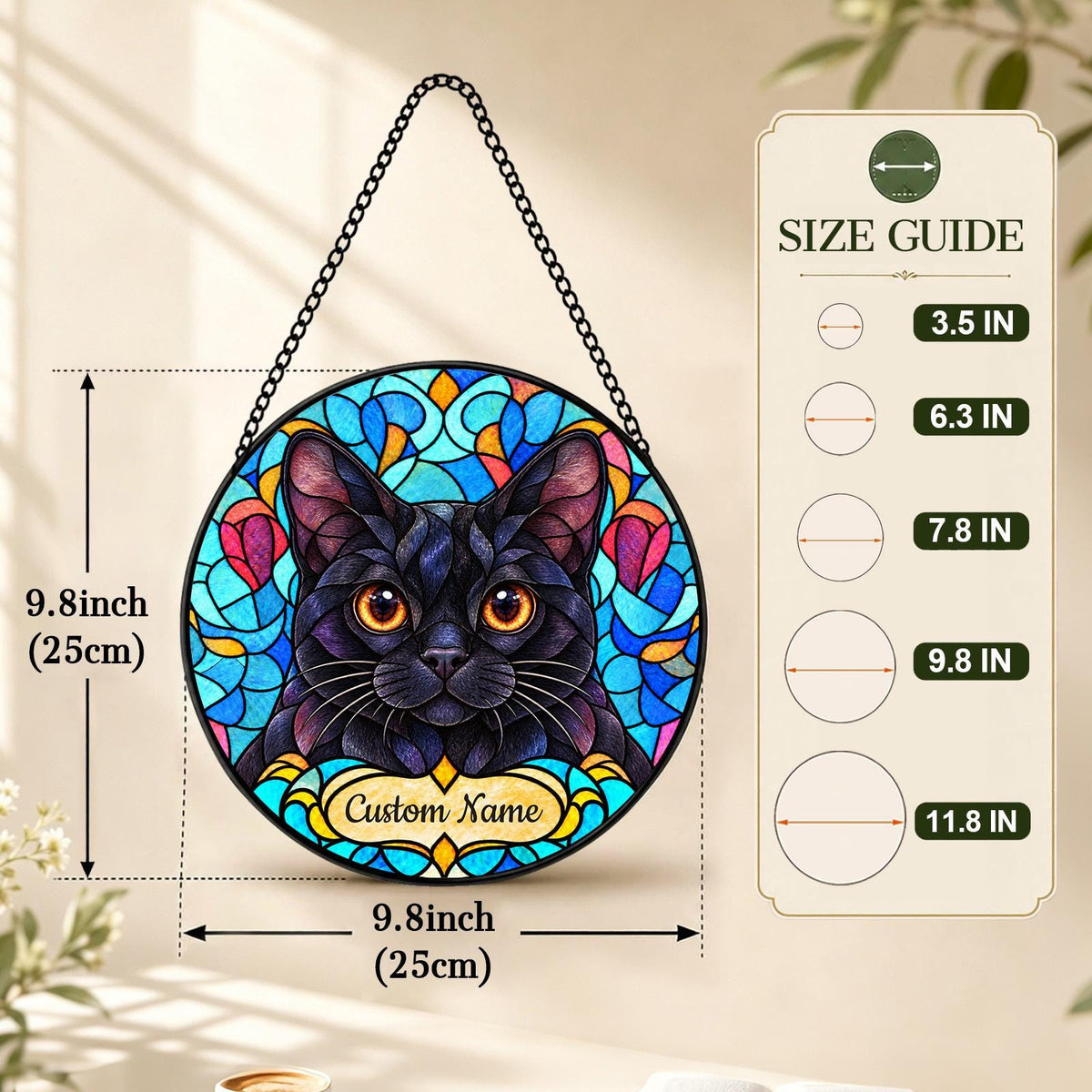 Personalized Bombay Cat Suncatcher, Custom Name, Floral Stained Glass Window Hanging