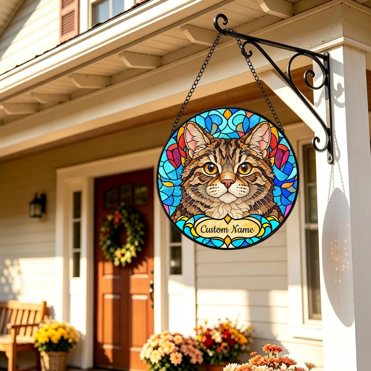 Personalized American Wirehair Cat Suncatcher, Custom Name, Floral Stained Glass Window Hanging