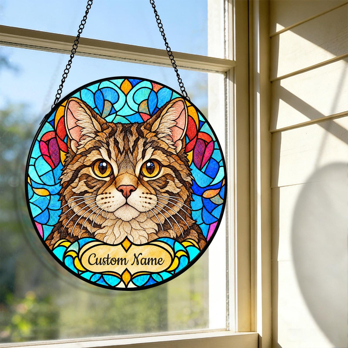 Personalized American Wirehair Cat Suncatcher, Custom Name, Floral Stained Glass Window Hanging
