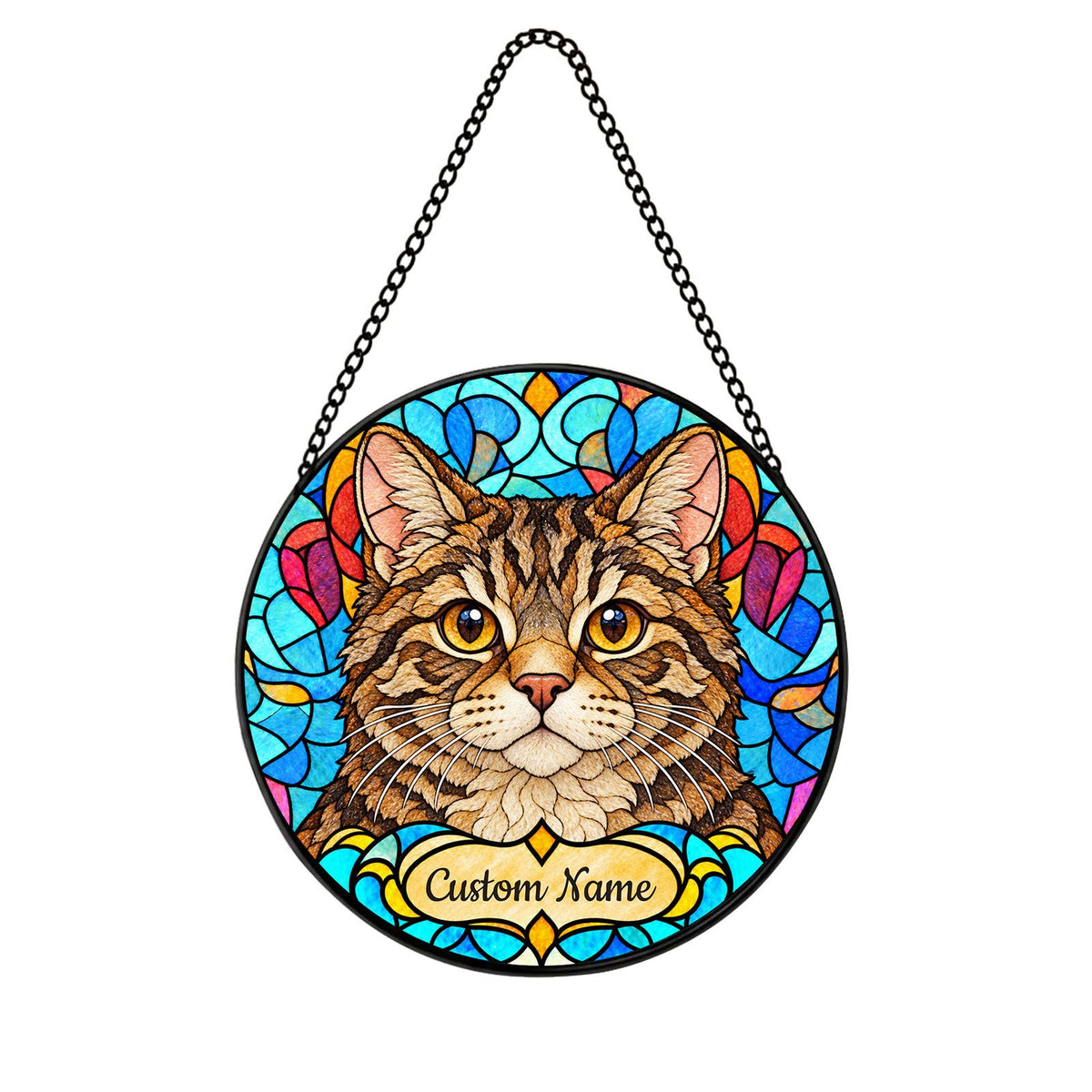 Personalized American Wirehair Cat Suncatcher, Custom Name, Floral Stained Glass Window Hanging