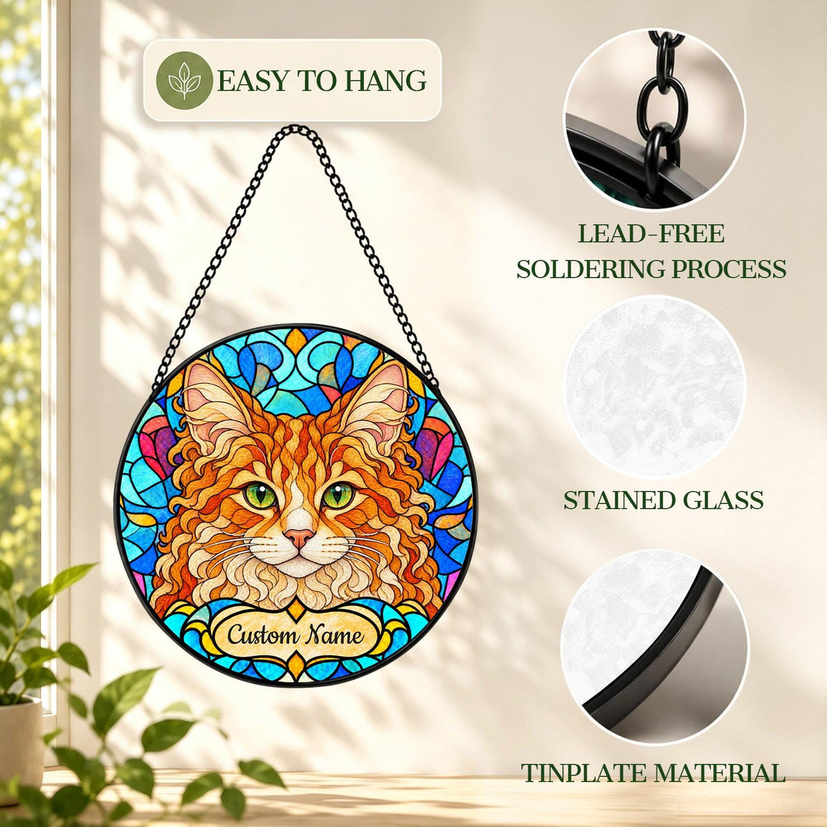 Personalized LaPerm Cat Suncatcher, Custom Name, Floral Stained Glass Window Hanging