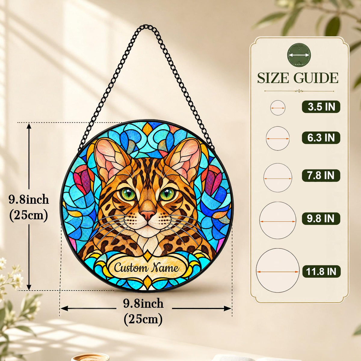 Personalized Bengal Cat Suncatcher, Custom Name, Floral Stained Glass Window Hanging