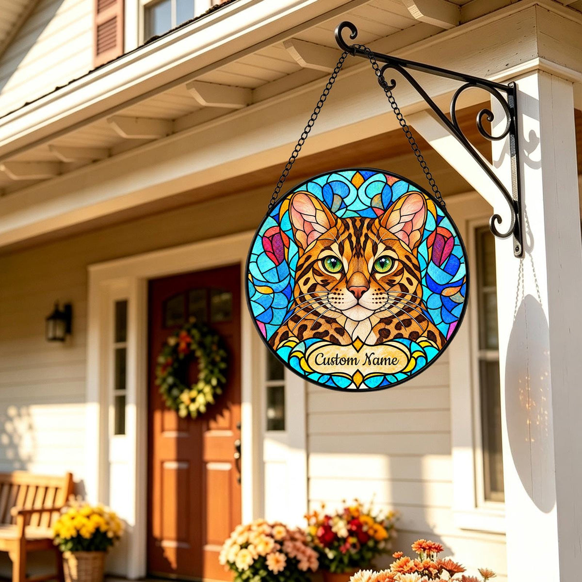 Personalized Bengal Cat Suncatcher, Custom Name, Floral Stained Glass Window Hanging